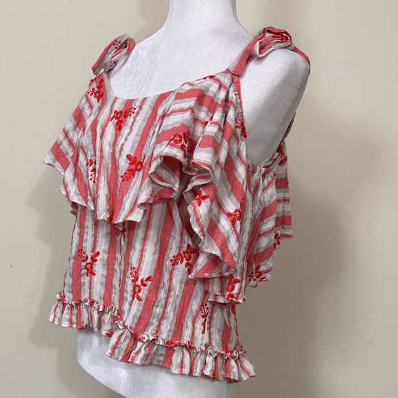 EUC MISA LA White Red Stripes Off Shoulder Tie Straps Oversize Collar Pullover L - Picture 5 of 12
